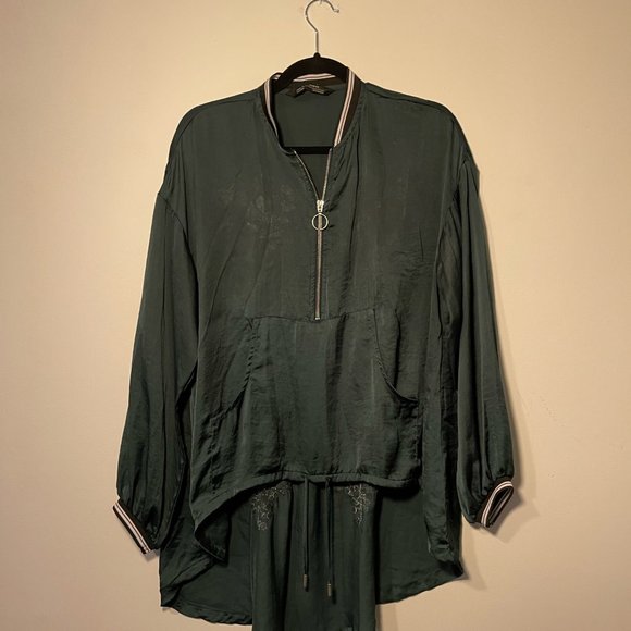 Zara Emerald Green Silk Embroidered Blouse Shirt 3/4 Zip, Small - Picture 10 of 16